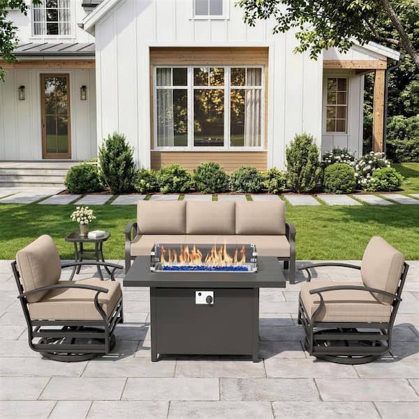 5-Piece Aluminum Patio Conversation Set with armrest, Firepit Table, Swivel Rocking Chairs and Sand Cushions