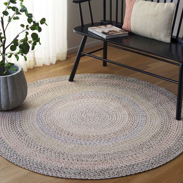 Braided Beige/Light Gary 3 ft. x 3 ft. Machine Washable Faded Striped Round Area Rug