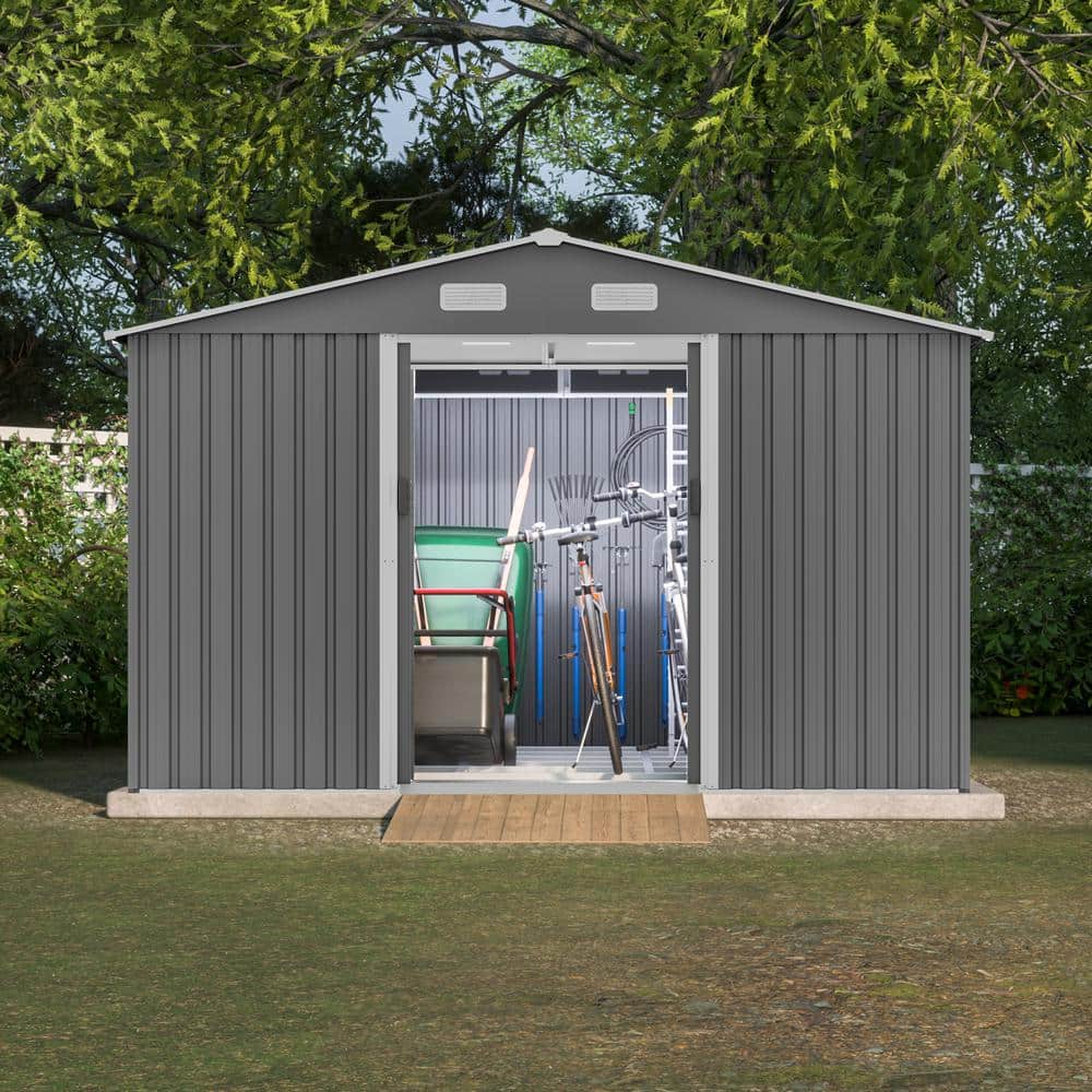 10' x 8' Gray Metal Outdoor Storage Shed with Double Doors