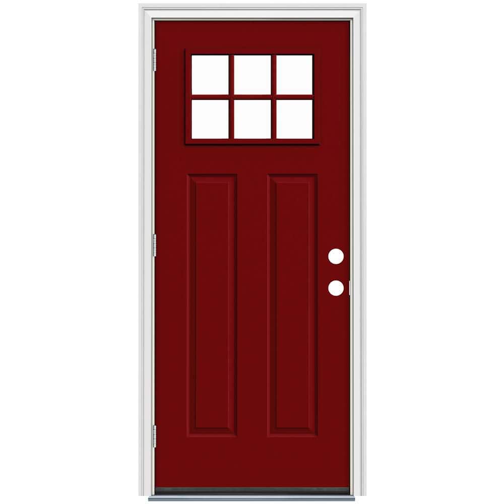 32 in. x 80 in. Craftsman Cranberry Red Painted Right-Hand Outswing 6-Lite Clear Steel Prehung Front Door w/Brickmould