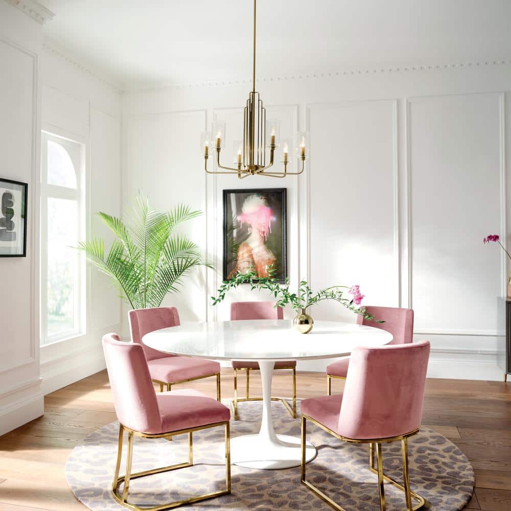 Art Deco Brushed Brass 6-Light Chandelier with Etched Clear Glass