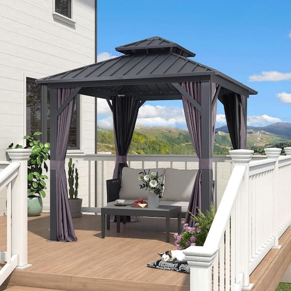 8 ft. x 8 ft. Gray Aluminum Hardtop Gazebo Canopy with Netting and Curtains
