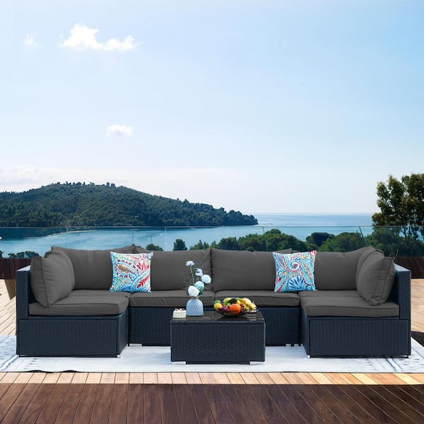 Cesicia 7-Piece PE Rattan Wicker Outdoor Sectional Patio Furniture Conversation Set with Black Gray Cushions for Garden