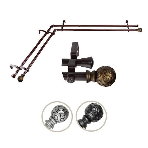 Rod Desyne 13/16" Dia Adjustable 28" to 48" Double Corner Window Curtain Rod in Cocoa with Bonbon Finials