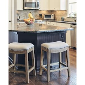 Saddle 26 in. Dark Weathered Gray Backless Wood Counter Stool with Upholstered Quartz Gray Seat, 1-Stool