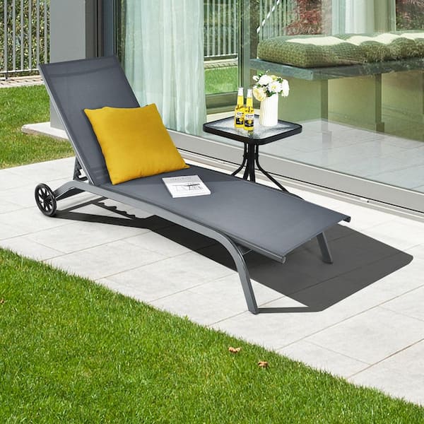 Outdoor Chaise Lounge Chair Adjustable Patio Recliner with Wheels Grey