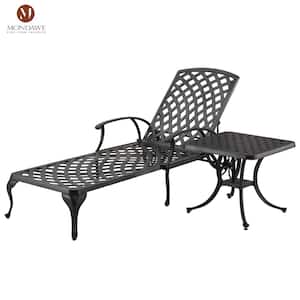 2-Piece Cast Aluminum Outdoor Chaise Lounge Table Set Reclining Chair with Red Cushion