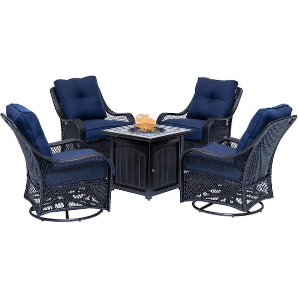 Hanover Orleans 5 Piece Steel Patio Fire Pit Conversation Set With Navy Blue Cushions Swivel Gliders And Square Table Orl5pcfpsq Nvy The Home Depot - 5 Piece Patio Set With Fire Table