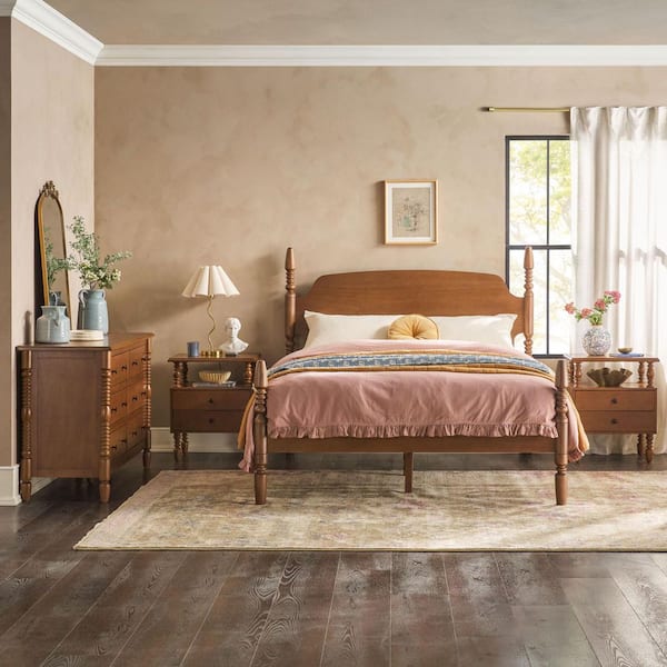 Modern Easy Assembly 4-Piece Solid Wood Dark Brown 2-drawer Nightstands and 6-drawer Dresser with Queen Bed Bedroom Set