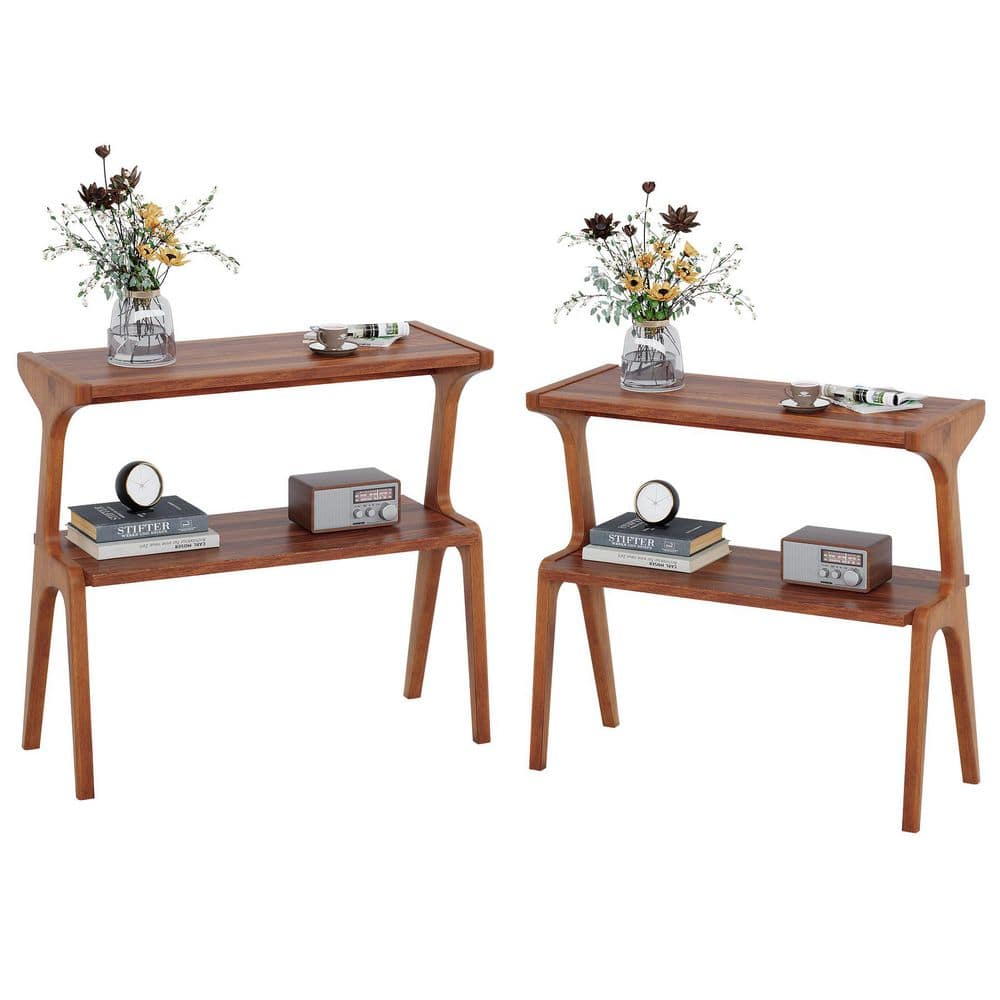 Kerlin 27.56 in. Walnut Rectangular Wood Sofa Side Table, 2-Tier End Table with Storage Shelf for Living Room, 2-Pieces