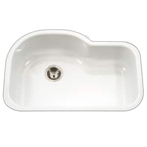 Porcela Series Undermount Porcelain Enamel Steel 31 in. Offset Single Bowl Kitchen Sink in White