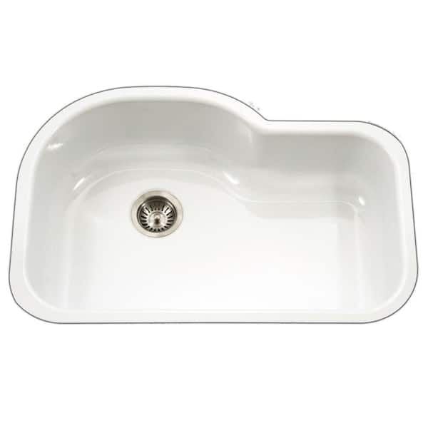 HOUZER Porcela Series Undermount Porcelain Enamel Steel 31 in. Offset Single Bowl Kitchen Sink in White
