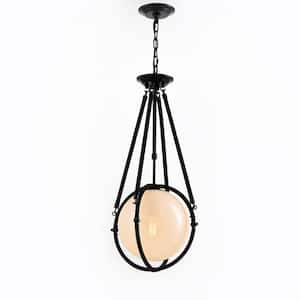 Voyager 1-Light Matte Black Pendant Light with Rope Detailing–Modern Hanging Light with Smoked Glass Shade