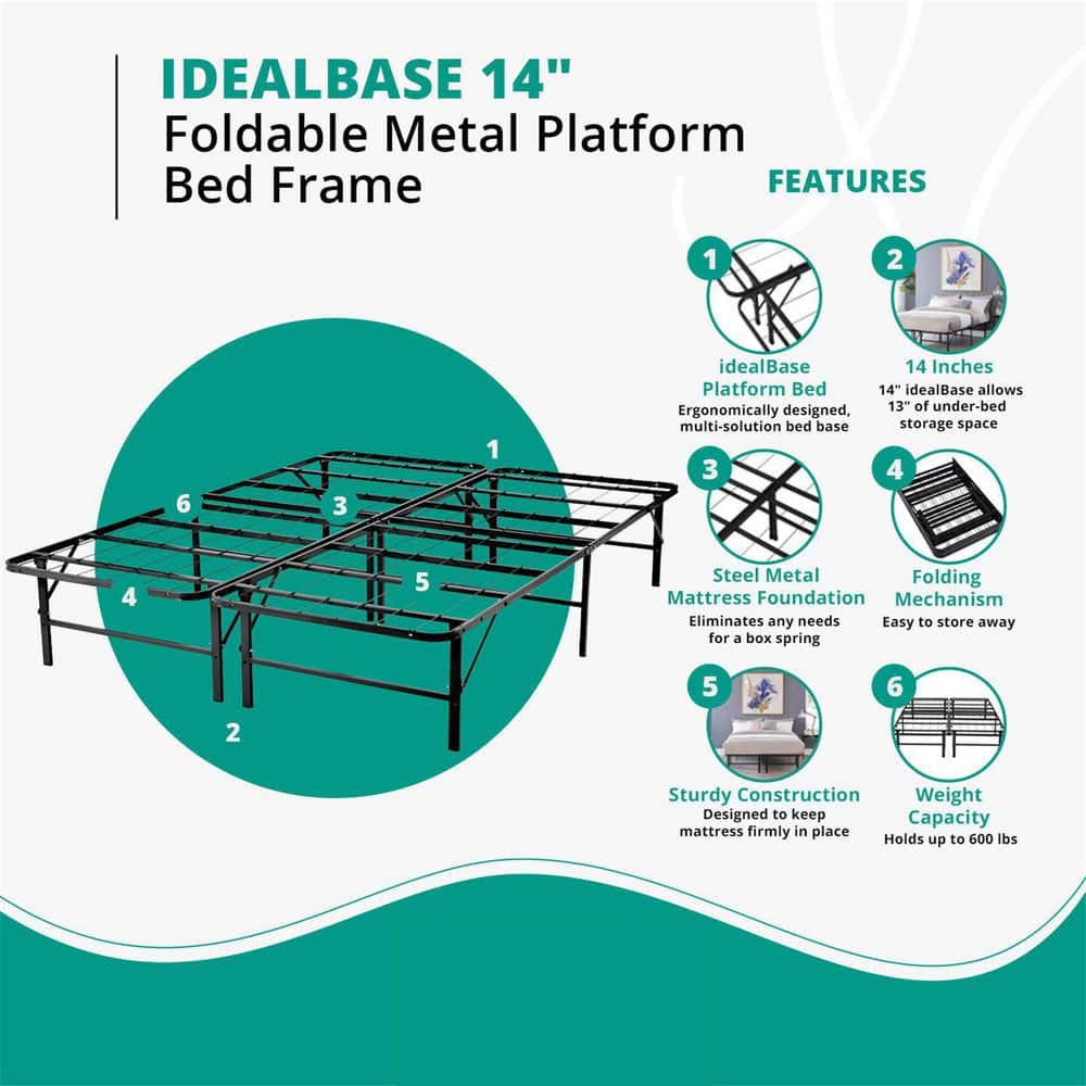 White Queen Upholstered Metal Platform Bed Frame with Slats