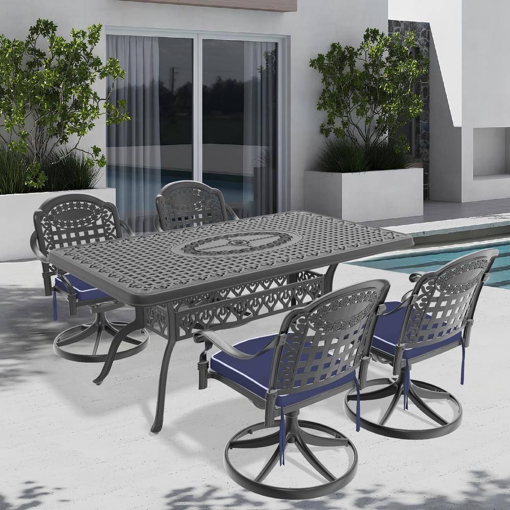 Vintage 5-Piece Cast Aluminum Patio Outdoor Dining Set with Rectangular Dining Table,4 Swivel Chairs and 4 Blue Cushions