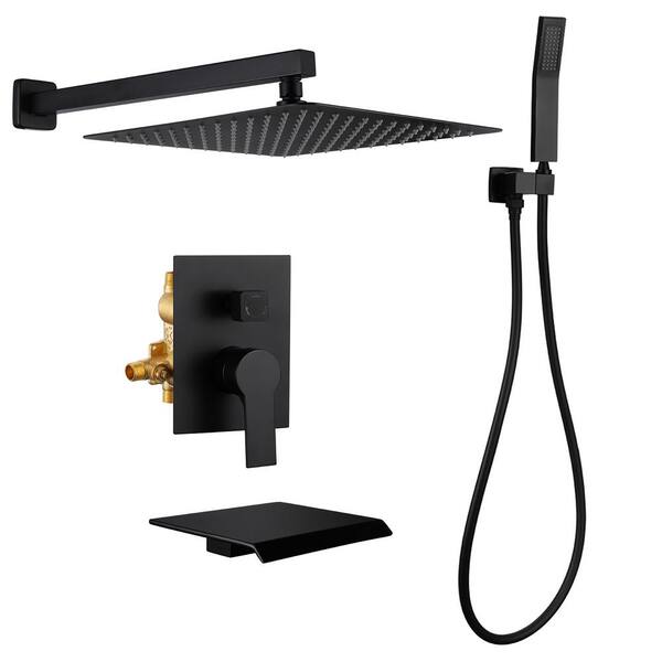 Satico Single-Handle 1-Spray Tub and Shower Faucet with Handheld Shower Combo 12 in. Rain Shower Head in Black (Valve Included)