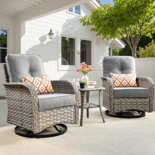 OVIOS Vinceny Gray 3-Piece Wicker Patio Conversation Seating Set with Dark Gray Cushions and Swivel Chairs
