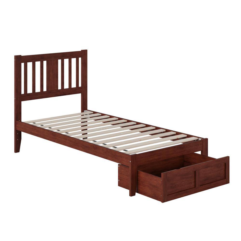 Walnut Twin Wood Platform Bed with Drawer and USB Charger