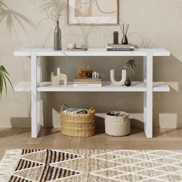 54 in. Antique White Rectangle Wood Console Table with Marble-Effect Top and Versatile Storage Solutions