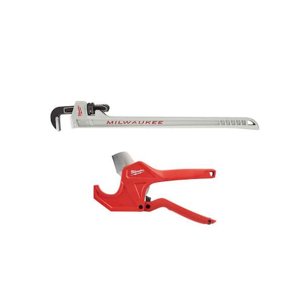 Milwaukee 10 in. Aluminum Pipe Wrench with Power Length Handle with 1-5/8 in. Ratcheting Pipe Cutter (2-Piece)
