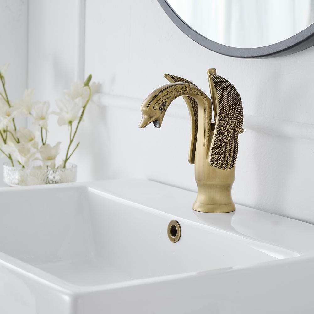 Antique Brass Swan-Shaped Single Handle Bathroom Faucet