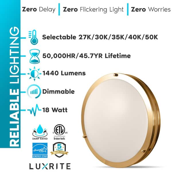 18-Watt 14 in. 5 Color Selectable LED 2700K/3000K/3500K/4000K/5000K Flush Mount Dimmable Fixture 1440 Lumens ETL Brass