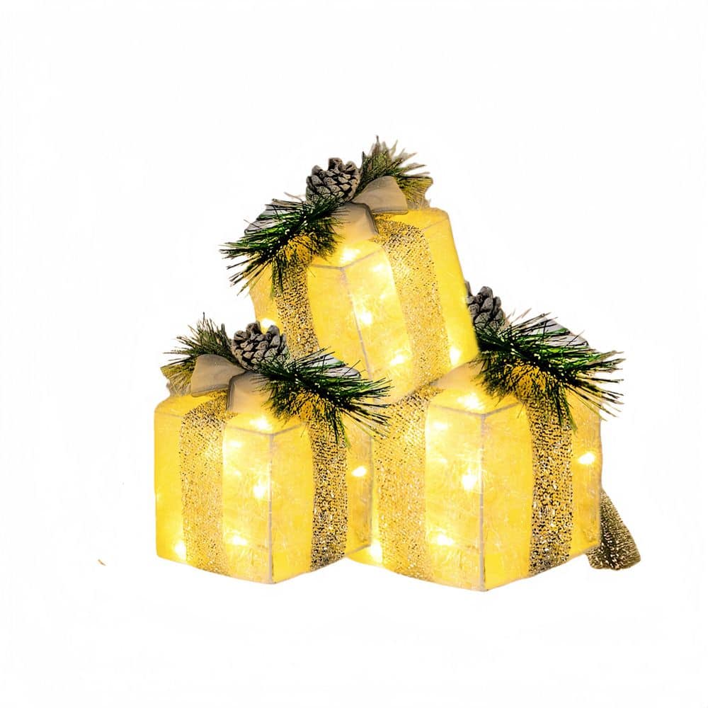 Warm White Christmas Lighted Gift Boxes with Pre-Lit 60-LED and Tinsel Decor for Indoor Outdoor Home Yard Lawn (3-Pack) price history on PriceWatchPro