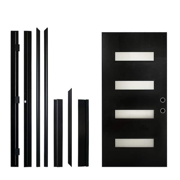 36 in. x 80 in. Left-Hand 4 Lite Frosted Glass Finish Black Fiberglass Prehung Front Door with Hinges, Threshold