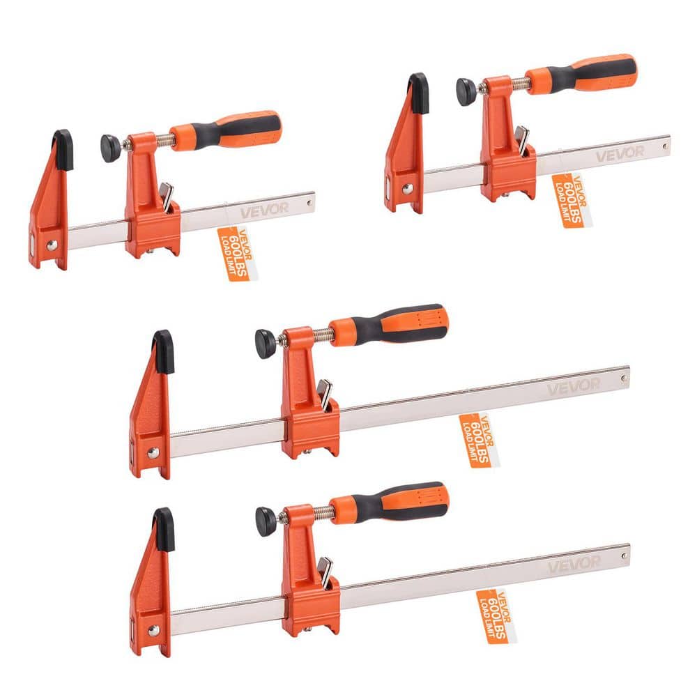VEVOR Bar Clamps Set for Woodworking, 6 in.  and 12 in., Lockable F-Clamp, 600 lbs. Load, 2-1/2 in. Depth, Cast Iron (4-Piece)