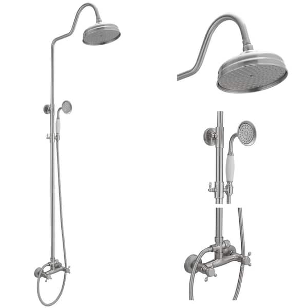 BWE 2-Spray Round Wall Bar Shower Kit with Hand Shower Dual Cross Handles Mixer Shower System Taps in Brushed Nickel