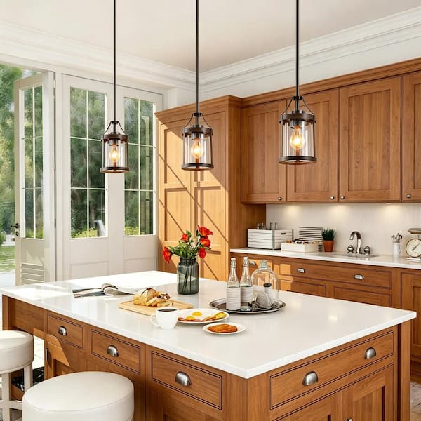 Modern Farmhouse Brown 6 in. W 1-Light Pendant Light Rust and Faux Wood Accent Pendant with Clear Glass Shade