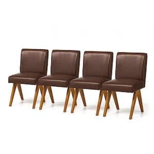 Mid-Century Modern Brown Leatherette Solid Back Dining Chair with V-Shaped Solidwood Legs (Set of 4）