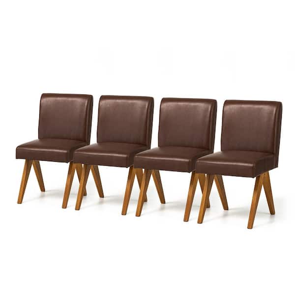 Glitzhome Mid-Century Modern Brown Leatherette Solid Back Dining Chair with V-Shaped Solidwood Legs (Set of 4）