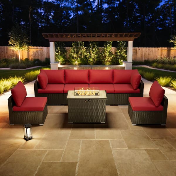 eVita 7-Piece Outdoor Wicker Patio Conversation Seating Set with Propane Fire Pit Table Without Ottoman (Red Cushion)
