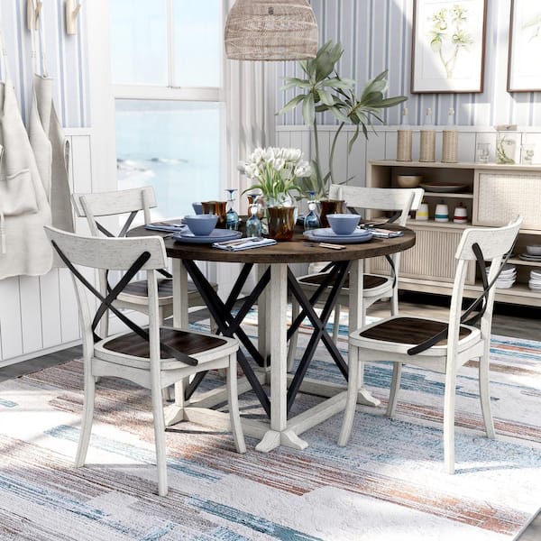America Riamonte 5 Piece Round Wood Top, Antique White Dining Table Set