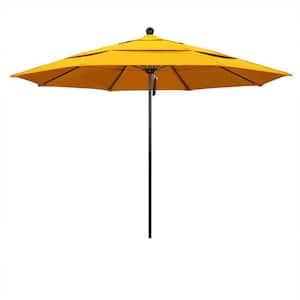 11 ft. Black Aluminum Commercial Market Patio Umbrella with Fiberglass Rib and Pulley Lift in Sunflower Yellow Sunbrella