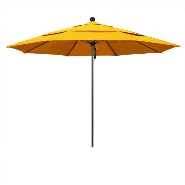 California Umbrella 11 ft. Black Aluminum Commercial Market Patio Umbrella with Fiberglass Rib and Pulley Lift in Sunflower Yellow Sunbrella