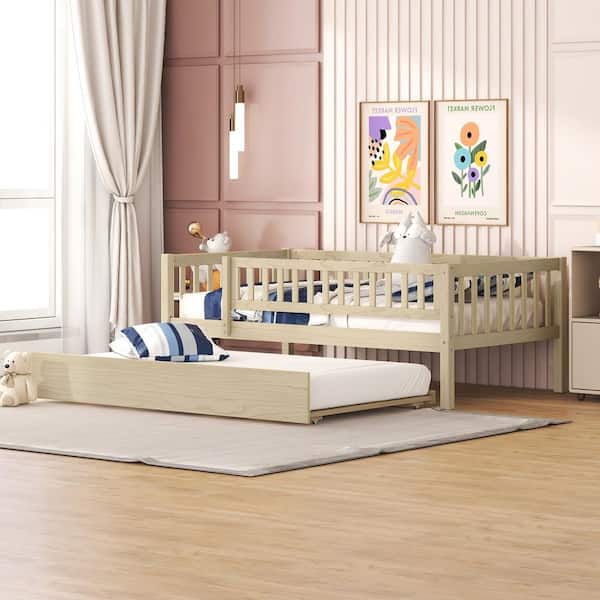 Harper & Bright Designs Natural Twin Size Wood Daybed with Trundle and Fence Guardrails