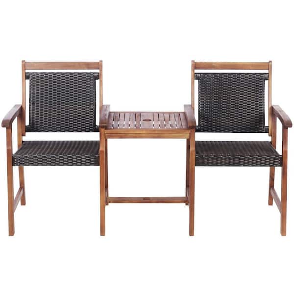 ANGELES HOME Wood Outdoor Patio Loveseat with Coffee Table and Umbrella Hole