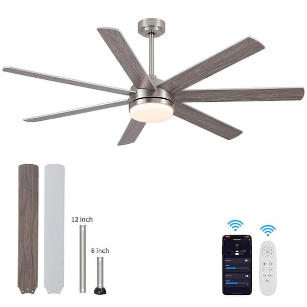 YUHAO Paname 62 in. Indoor Brushed Nickel Farmhouse Smart Ceiling Fan with Integrated LED and Remote Control by Tuya App