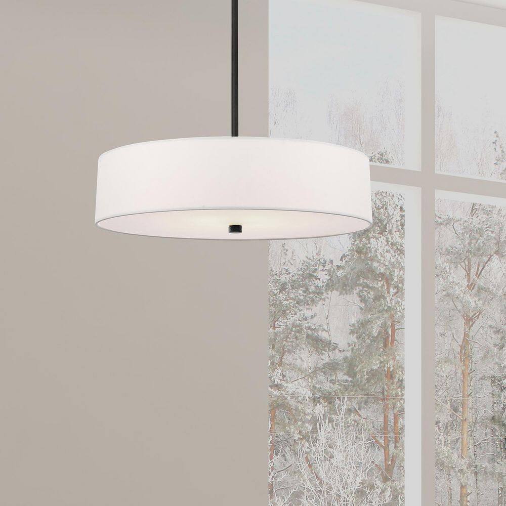Matte Black and White Drum Pendant Light with Glass Shade