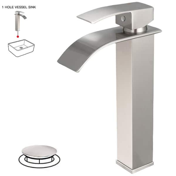 Waterfall Single Hole Single Handle Tall Bathroom Vessel Sink Faucet With Supply Hose in Brushed Nickel