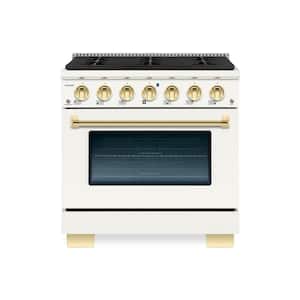 BOLD 36 in. 5.2 CF 6-Sealed Burners Freestanding Range with NG Gas Stove and Gas Oven in Antique White with Brass Trim