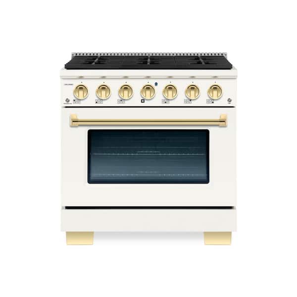 Hallman BOLD 36 in. 5.2 CF 6-Sealed Burners Freestanding Range with NG Gas Stove and Gas Oven in Antique White with Brass Trim