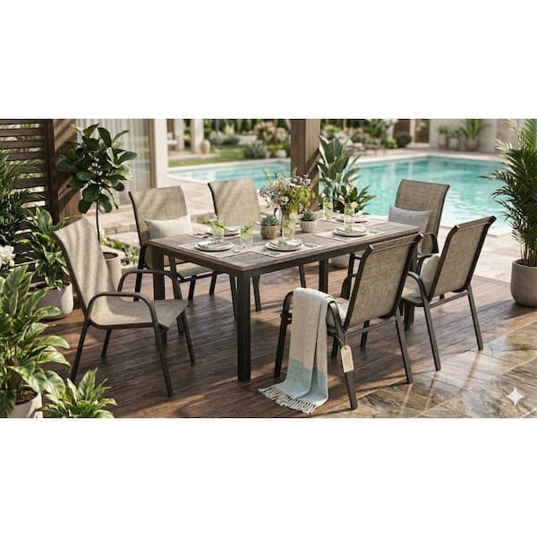 6-Piece Brown Metal Outdoor Dining Chair with Waterproof and Rust-Resistant Teslin Fabric