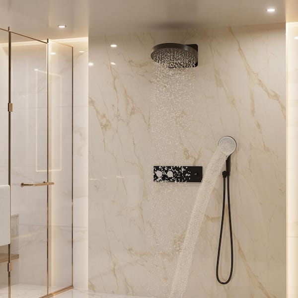 5-Spray Dual Shower Head 16 in. Round Wall Mount Fixed and Handheld Shower Head 2.5 GPM Thermostatic in Matte Black