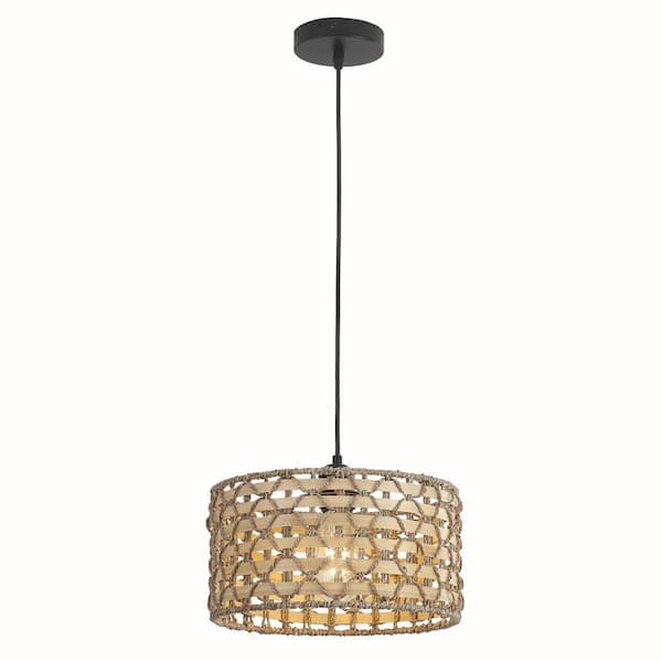 TinHon Modern Boho 1-Light Natural Woven Rattan Drum Pendant Light with Adjustable Cord for Kitchen, Bedroom