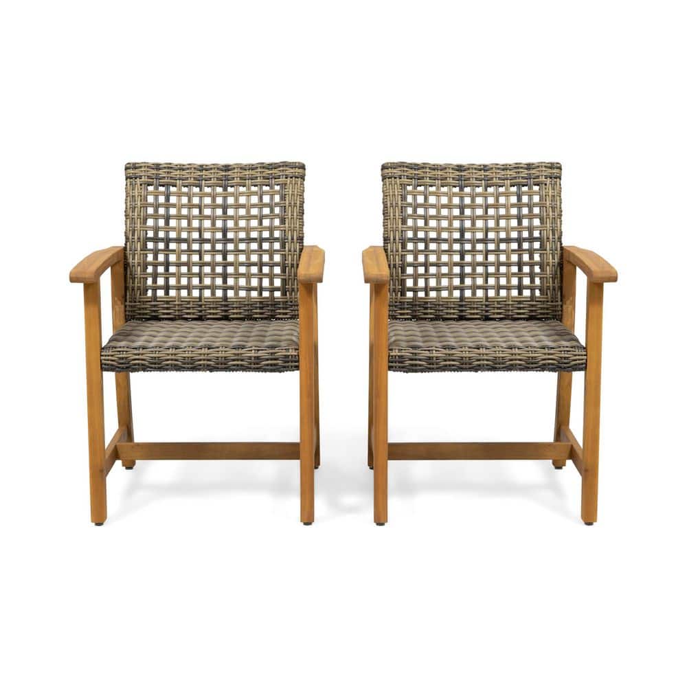 Brown Wood and Wicker Outdoor Dining Chair Set of 2