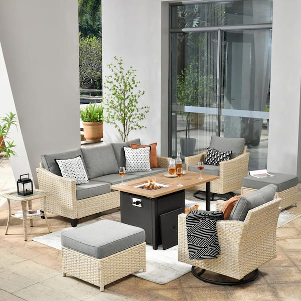 weaxty W Camellia F 7-Piece Wicker Patio Storage Fire Pit Conversation Set with Swivel Rocking Chairs and Dark Gray Cushions
