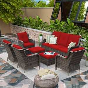 Brown 7-Piece Wicker Outdoor Patio Conversation Sofa Set with Red Cushion